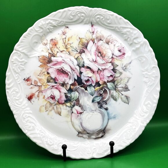 Floribunda Roses & Peonies Decorative Floral Plate Hand Painted Embossed 9" Dish - Picture 1 of 8